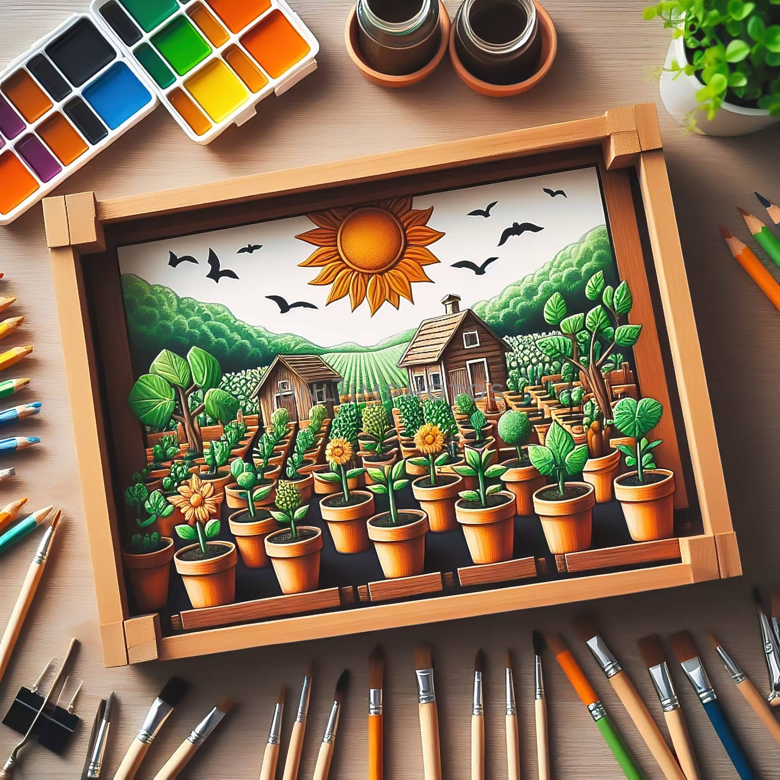 A picture is painted of young seedlings in terracotta pots, carefully arranged in a box. Fresh greenery under warm light - ideal for garden lovers and nature enthusiasts.
