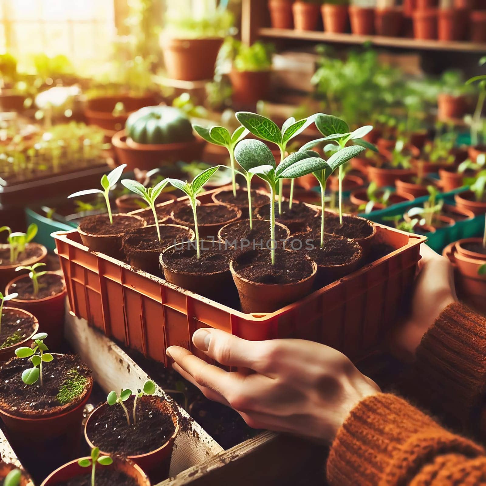 Young seedlings in terracotta pots, carefully arranged in a box. Fresh greenery under warm light - ideal for garden lovers and nature enthusiasts.