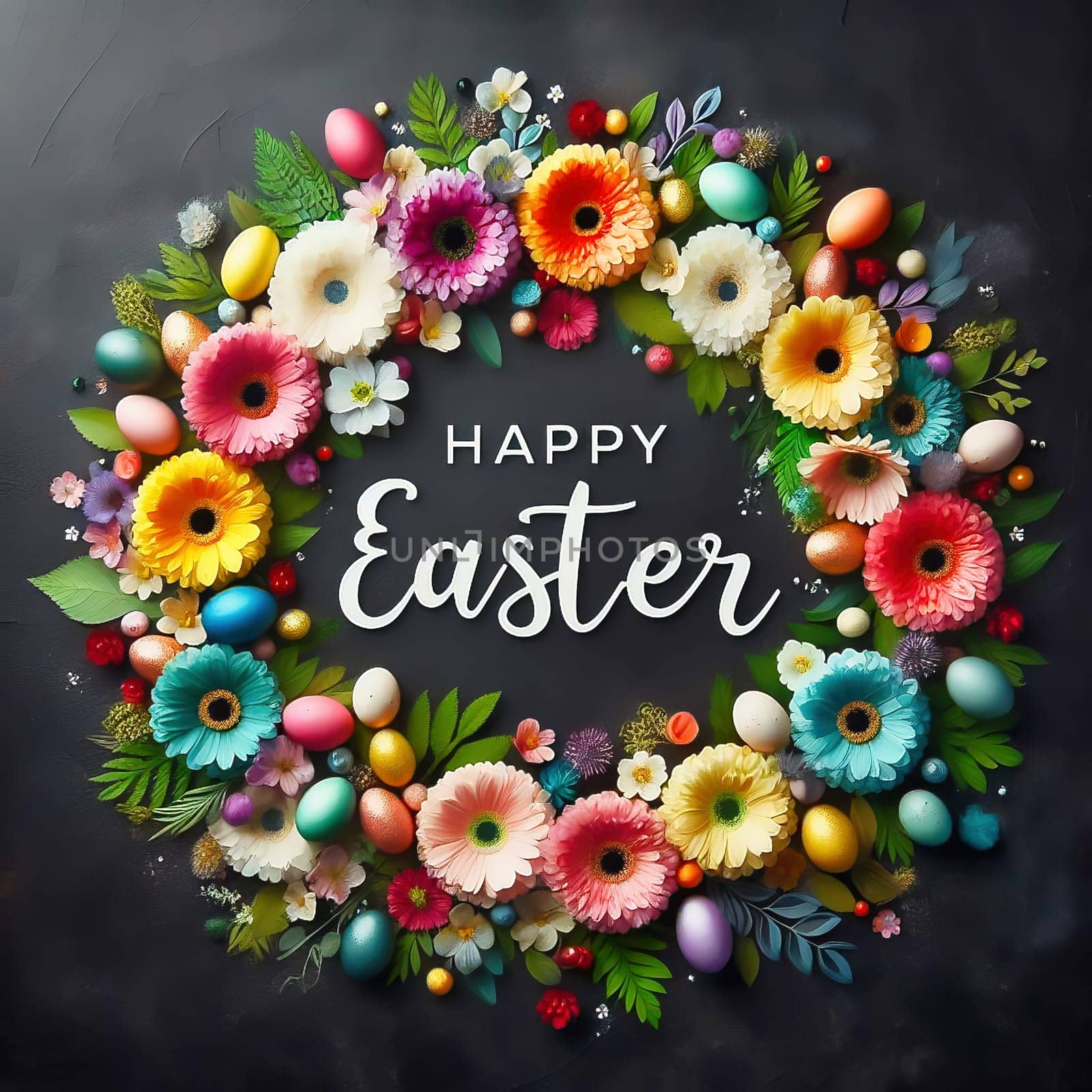 A festive “Happy Easter” lettering surrounded by an ornate floral wreath and decorated Easter eggs on a dark background - perfect for Easter greetings!