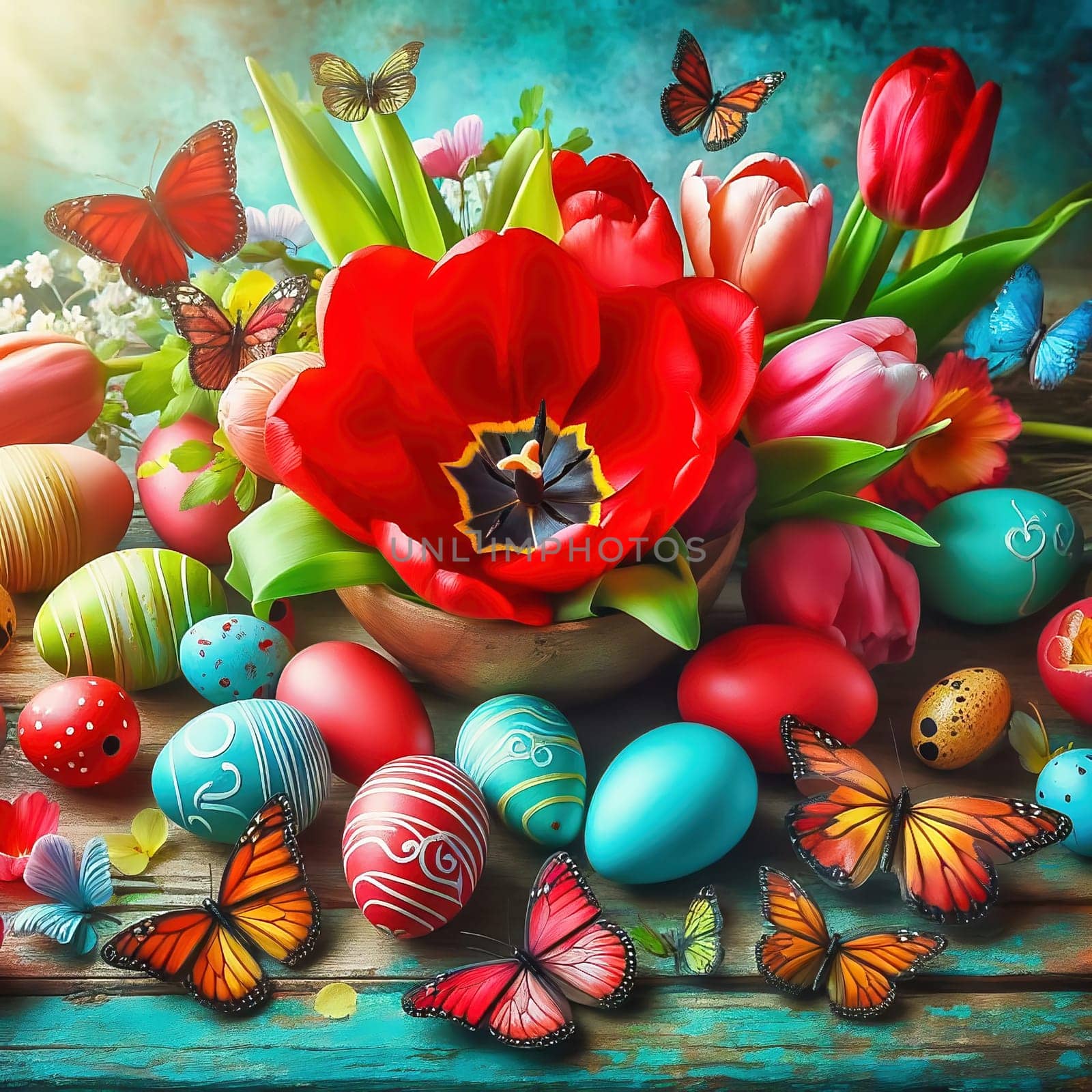 Colorful tulips, decorated Easter eggs and butterflies on a rustic wooden table. Spring-like Easter decorations with vibrant colors and a festive atmosphere.