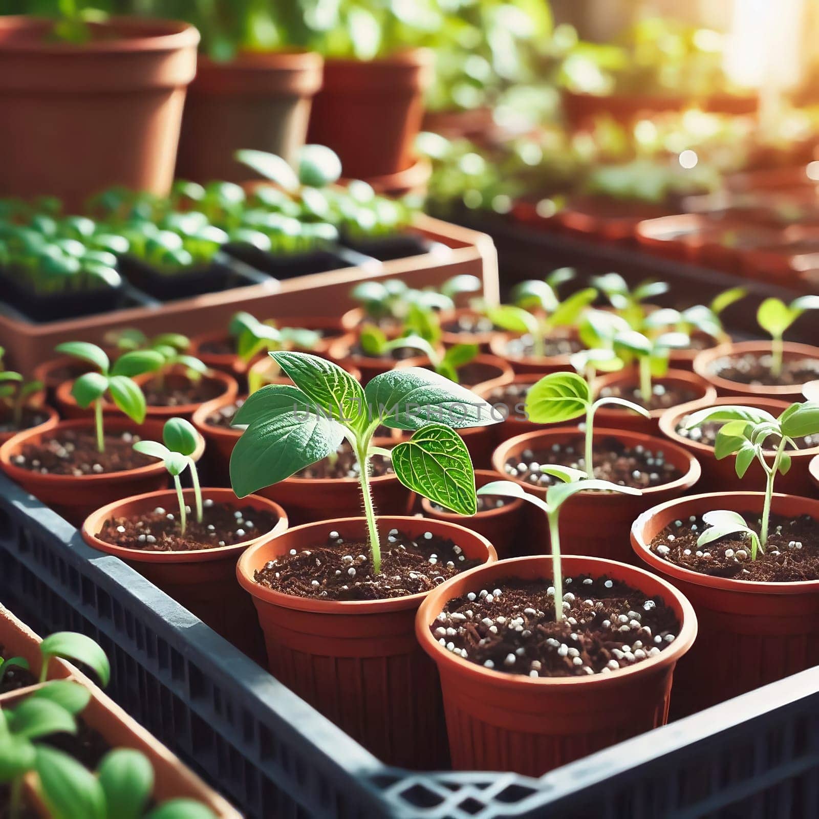 Young seedlings in terracotta pots, carefully arranged in a box. Fresh greenery under warm light - ideal for garden lovers and nature enthusiasts.