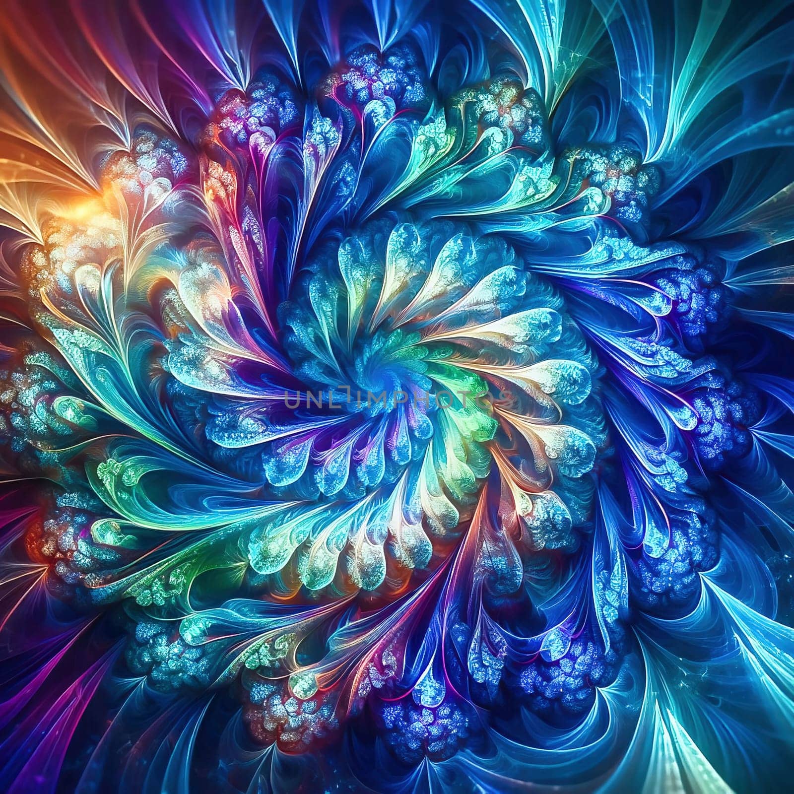 Abstract, colorful fractal art with flowing, wave-like patterns. Bright glass textures in blue, green and orange for modern designs and backgrounds.