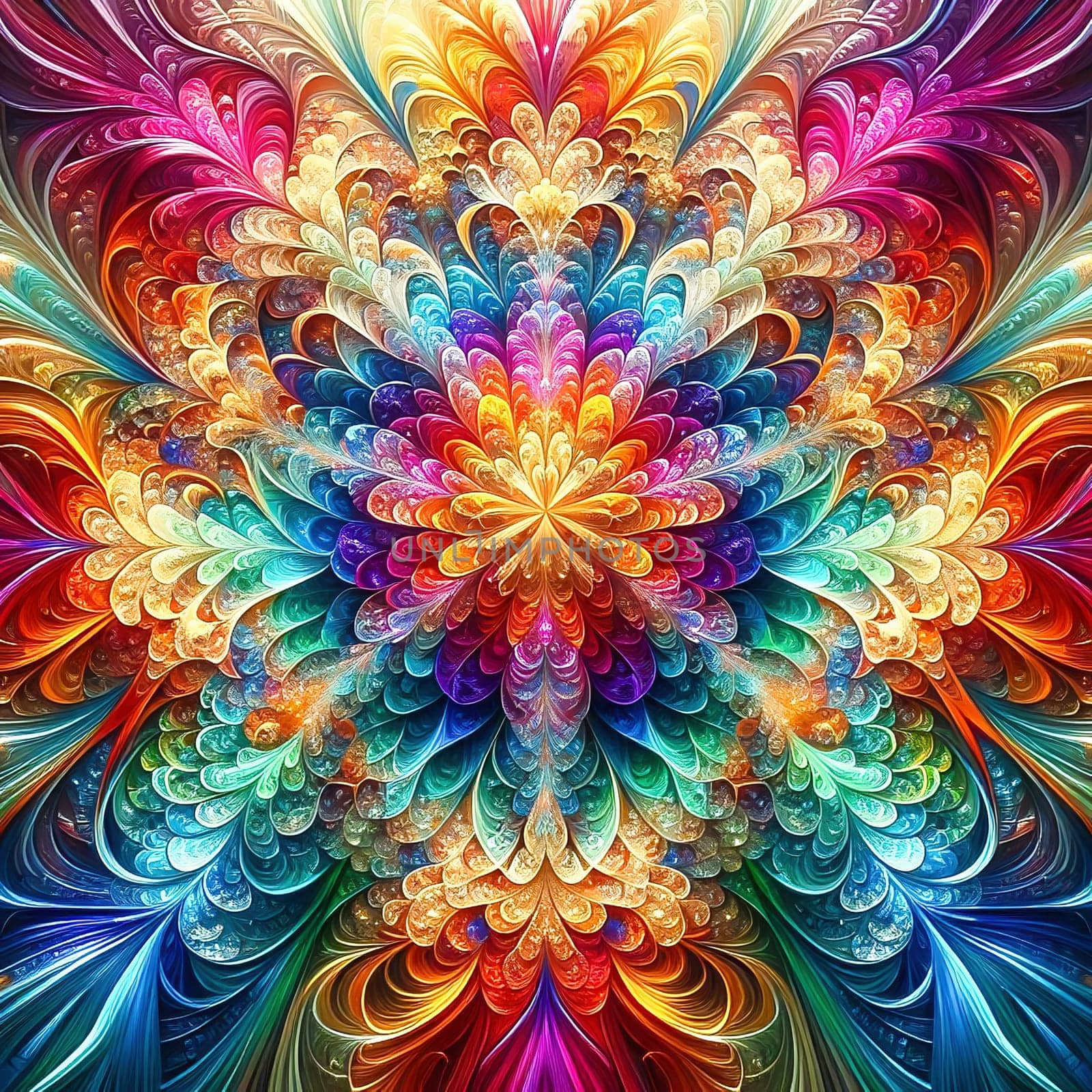 Abstract, colorful fractal art with flowing, wave-like patterns. Bright glass textures in blue, green and orange for modern designs and backgrounds.
