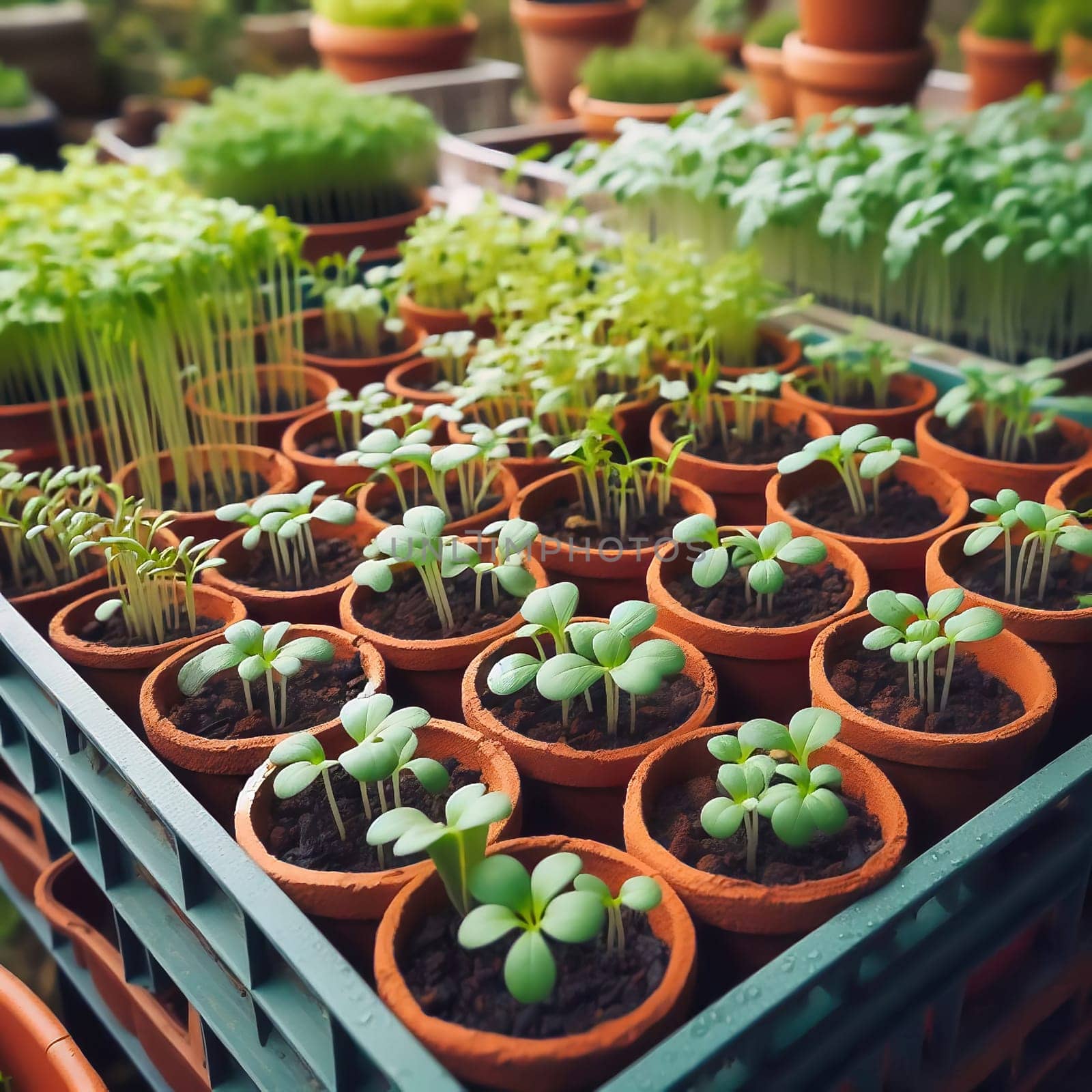 Young seedlings in terracotta pots, carefully arranged in a box. Fresh greenery under warm light - ideal for garden lovers and nature enthusiasts.