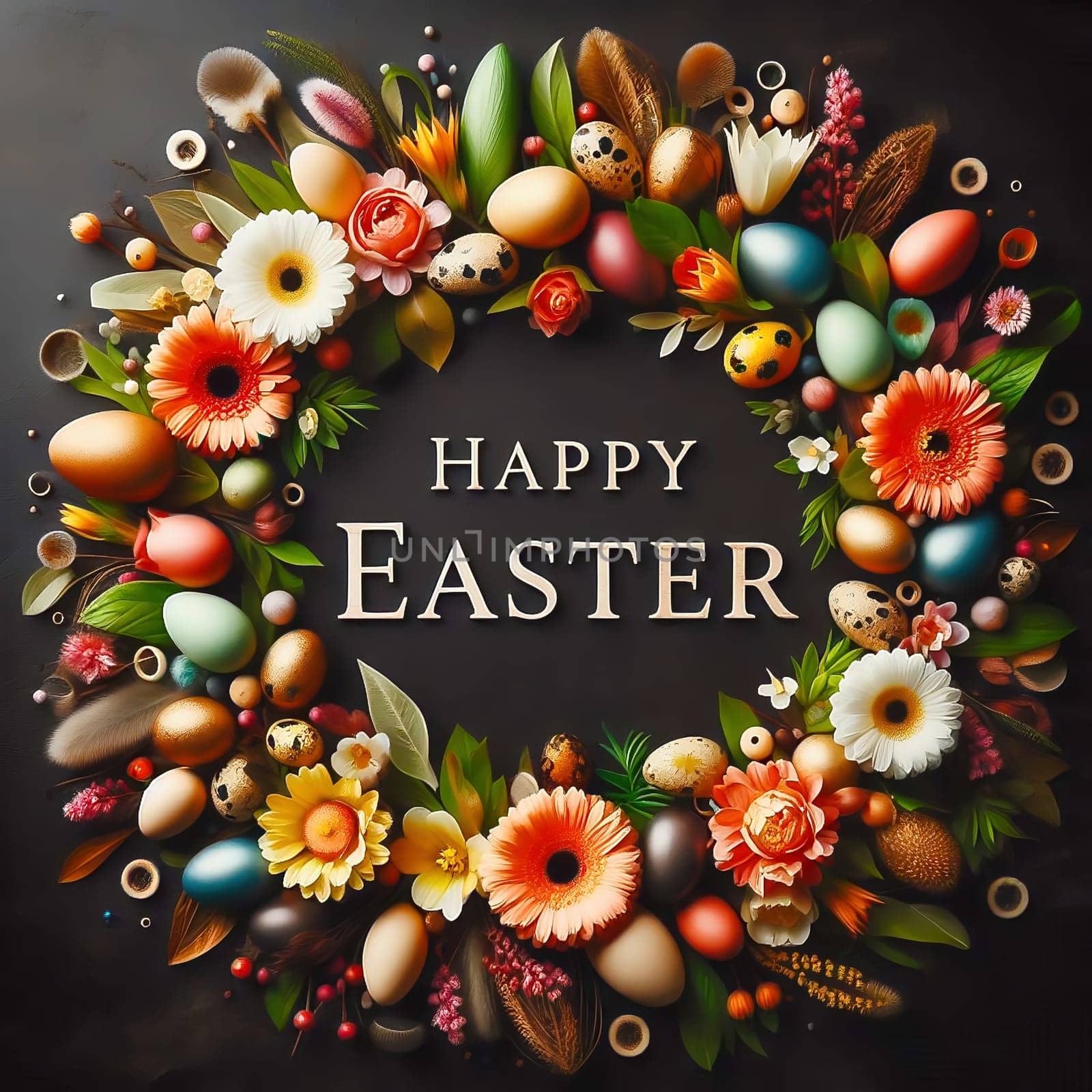 A festive “Happy Easter” lettering surrounded by an ornate floral wreath and decorated Easter eggs on a dark background - perfect for Easter greetings!