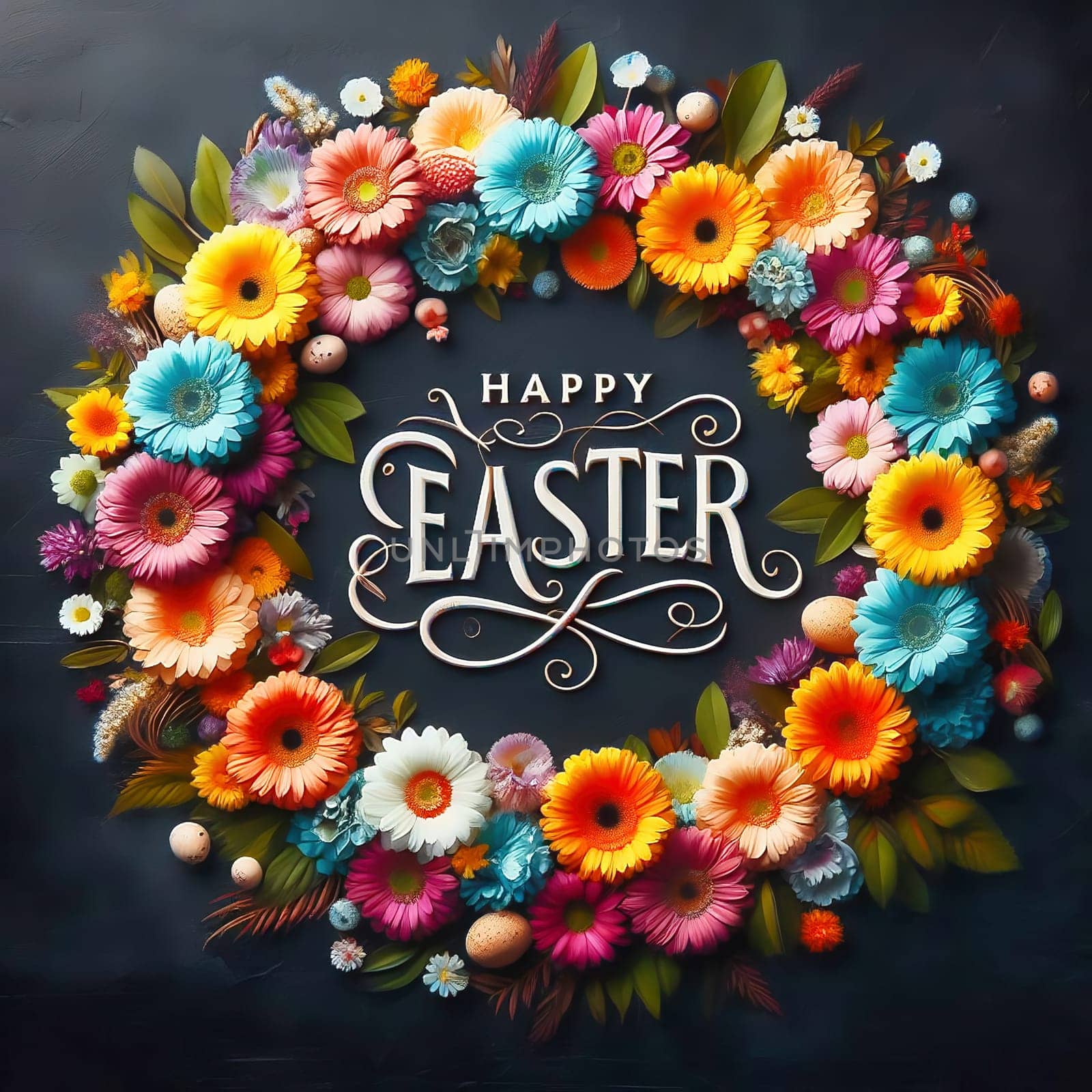 A festive “Happy Easter” lettering surrounded by an ornate floral wreath and decorated Easter eggs on a dark background - perfect for Easter greetings!