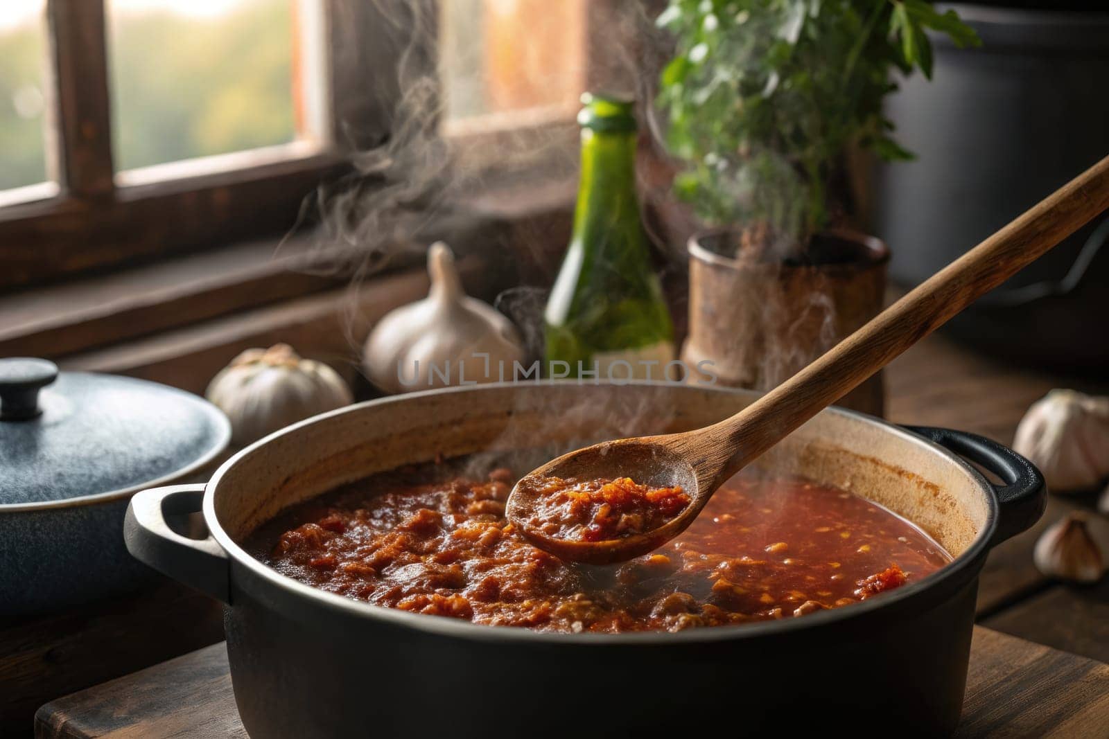 A dramatic close up captures a bubbling pot filled with rich tomato sauce, steam rising as a wooden spoon stirs through hearty ingredients.