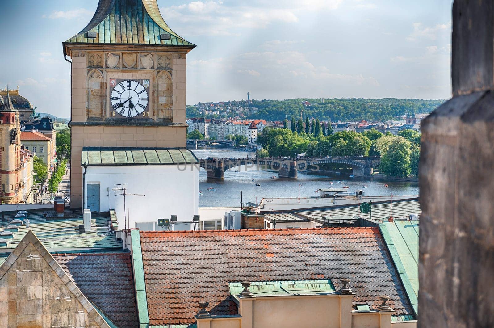 Prague cityscape showing rooftops of historical buildings in the old town of the Czech capital city