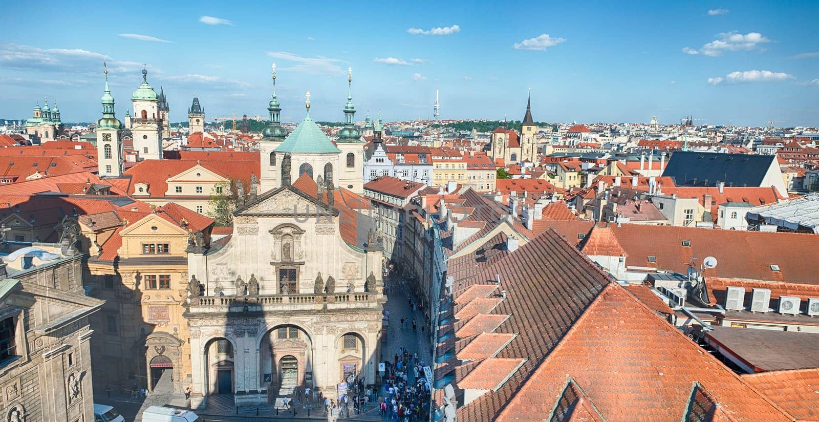 Prague cityscape showing rooftops of historical buildings in the old town of the Czech capital city