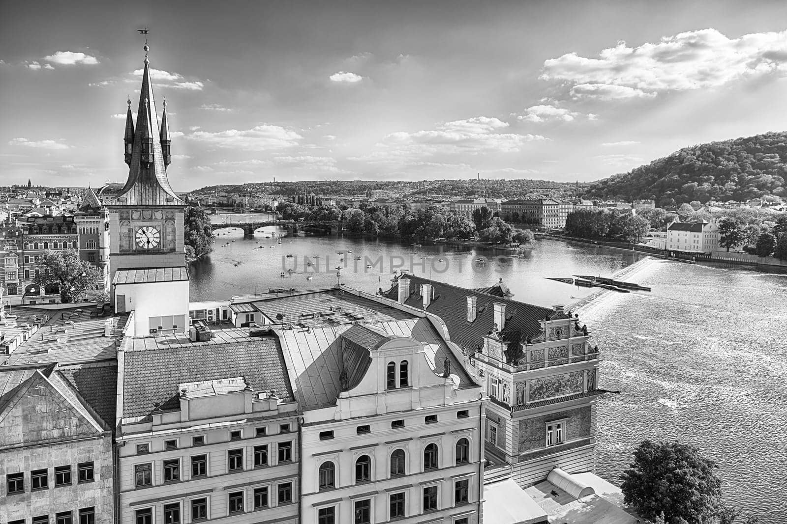 Prague cityscape showing rooftops of historical buildings in the old town of the Czech capital city