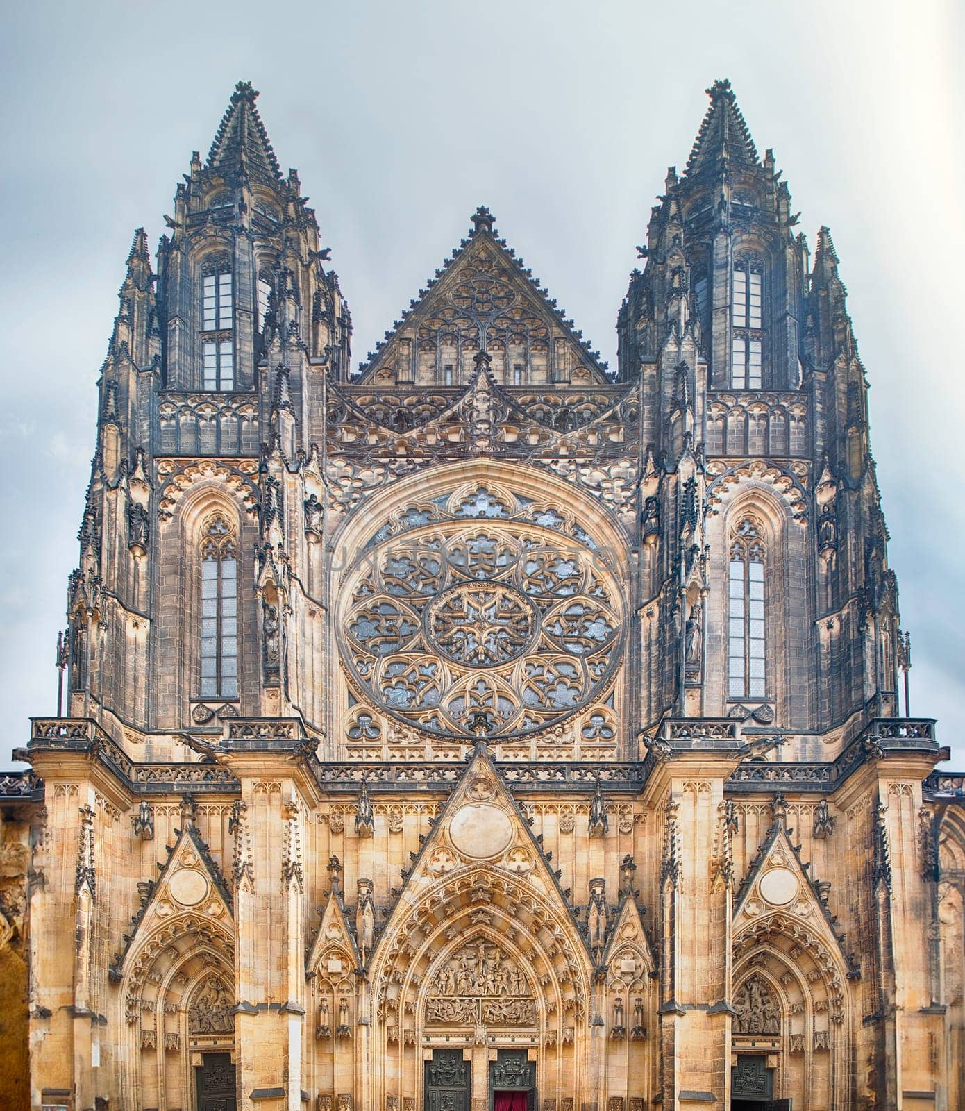 St. Vitus Cathedral in Prague, Czech Republic, is exhibiting its beautiful and ornate gothic architecture