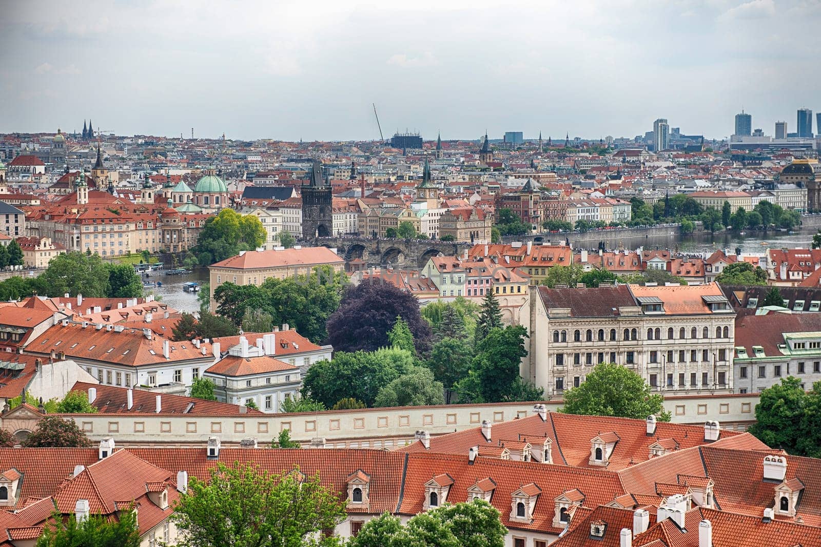 Prague cityscape showing rooftops of historical buildings in the old town of the Czech capital city