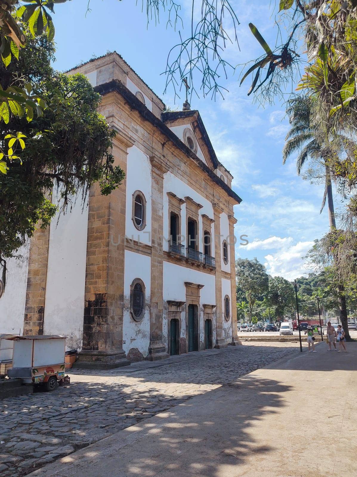 Paraty, Rio de Janeiro, Brazil, February 6, 2025, side view of the square facade of the main church of Our Lady of Remedies.
