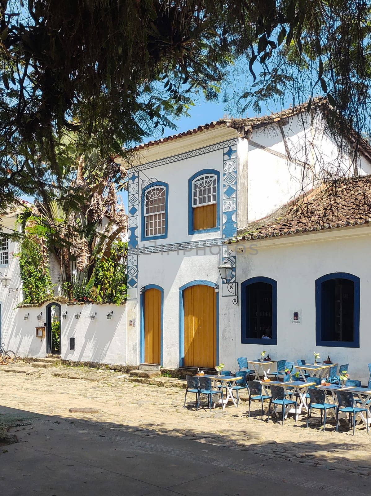 Paraty, Rio de Janeiro, Brazil, February 6, 2025, view of the facade of an old colonial house in the central square, historic city.