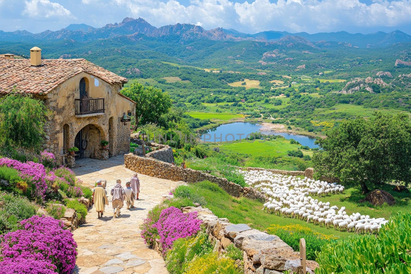 In the heart of Sardinia, shepherds skillfully guide their flock across the vibrant landscape. Rolling mountains and lush greenery create a picturesque backdrop for this cultural celebration.