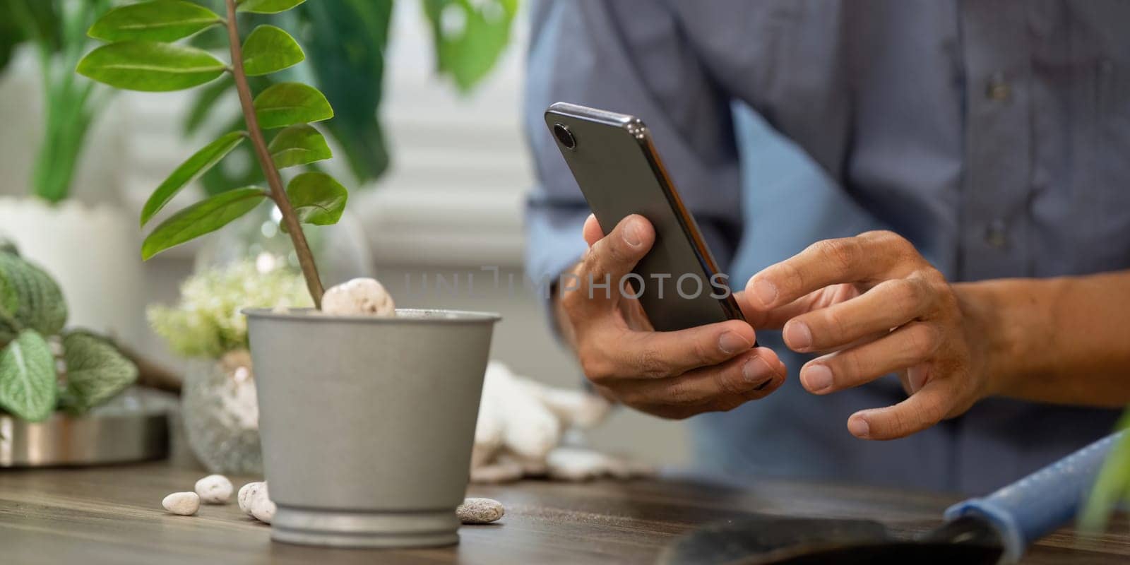An individual interacts with their smartphone while tending to a potted plant, illustrating the integration of technology in traditional gardening.