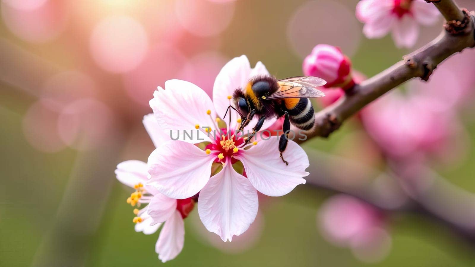 Description: Bumblebee pollinating cherry blossom, flower and bee interaction. AI generated.