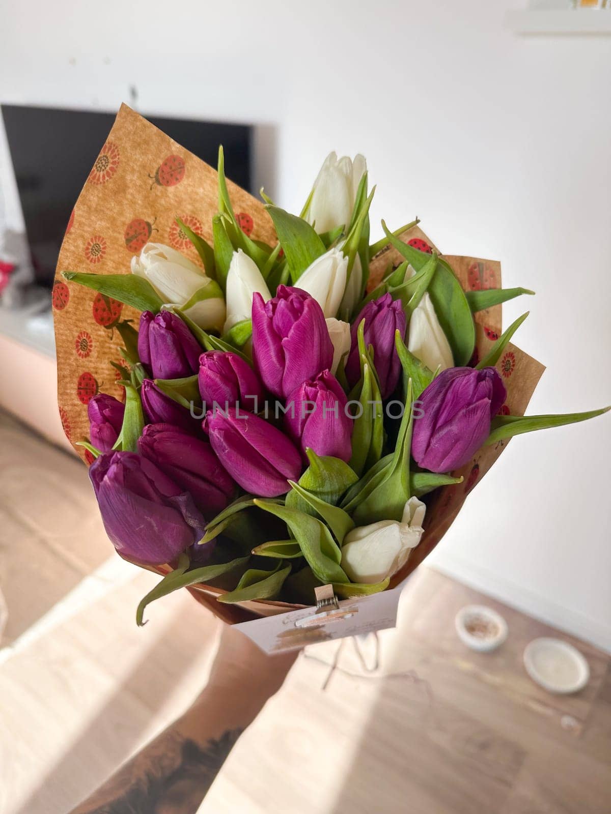Tulip bouquet in hand with soft natural light and festive wrapping. Seasonal flower gifting and emotional expression at home