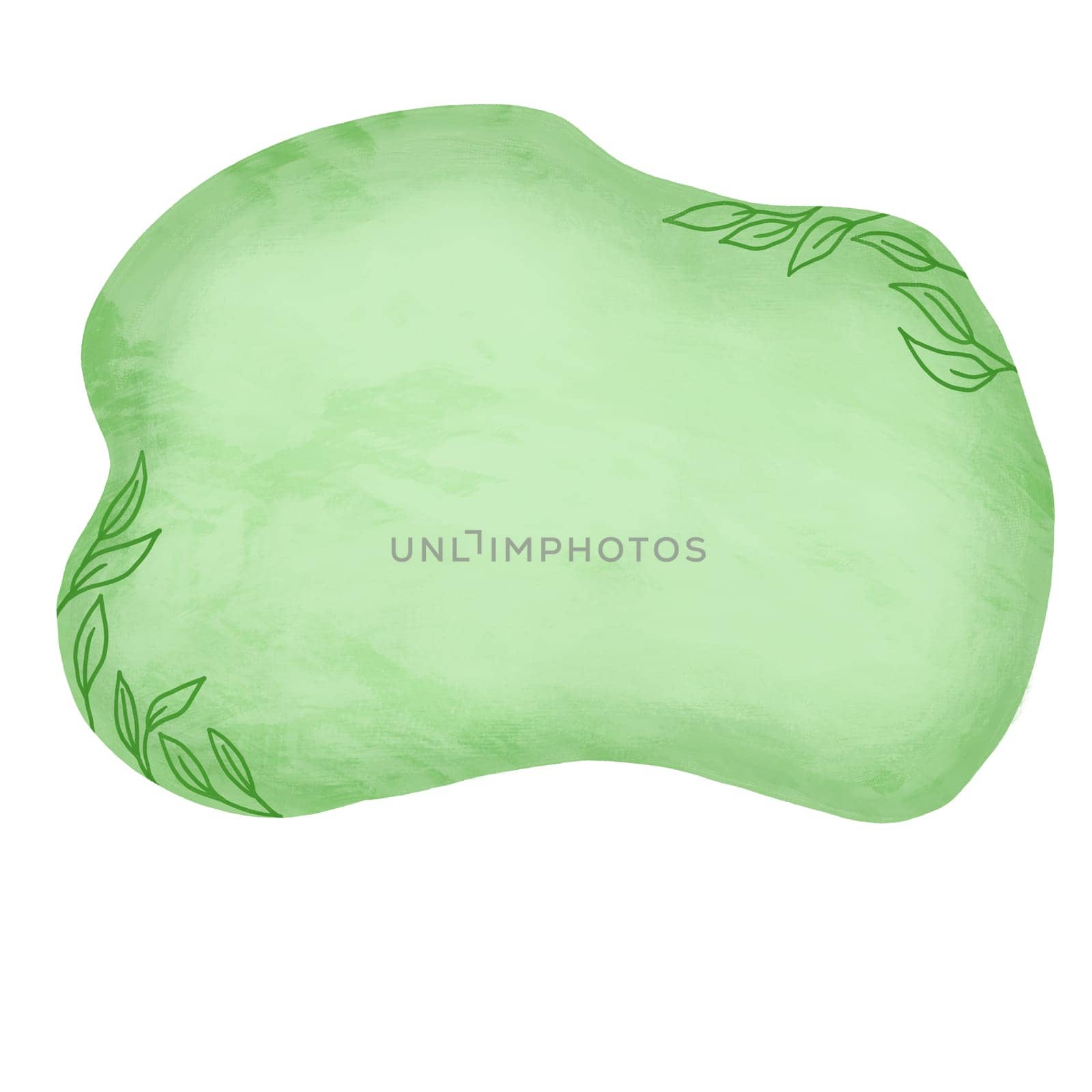 Hand drawn green shape background with small foliage leaves. Elegant oval round curved backdrop for text, simple minimalist design, modern pastel print art, smooth blob