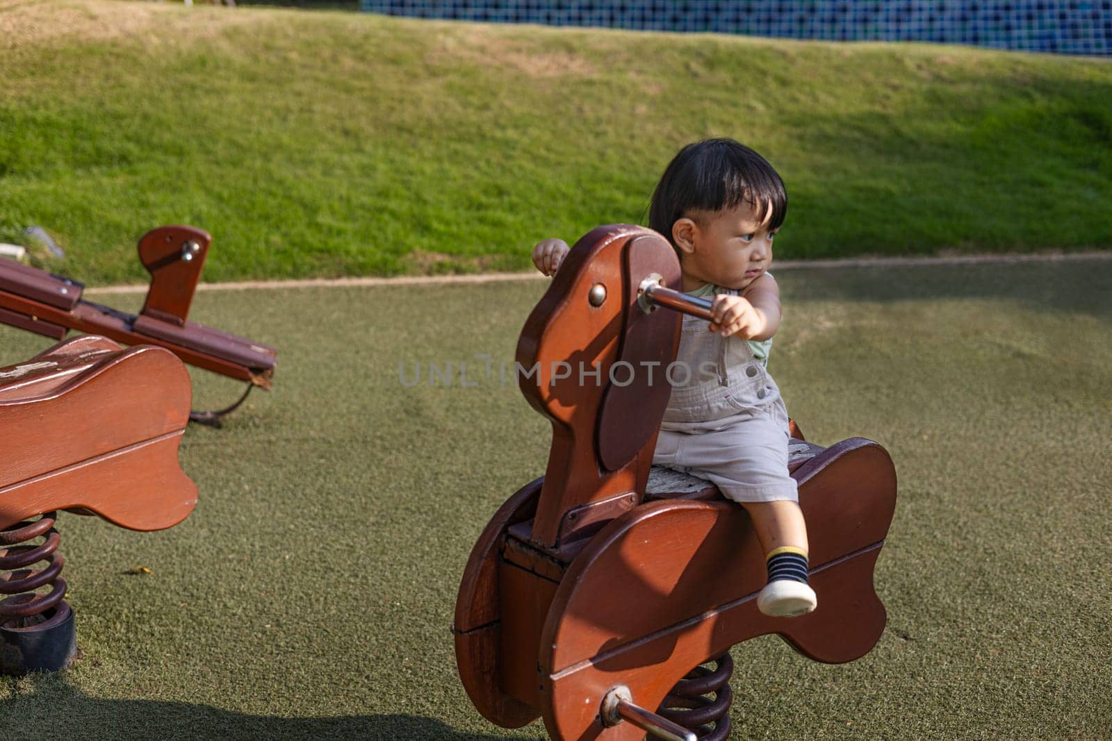 A Toddler Sits On A Rocking Horse In The Garden, Background for advertising and wallpaper in relaxion and lifestyle scene.