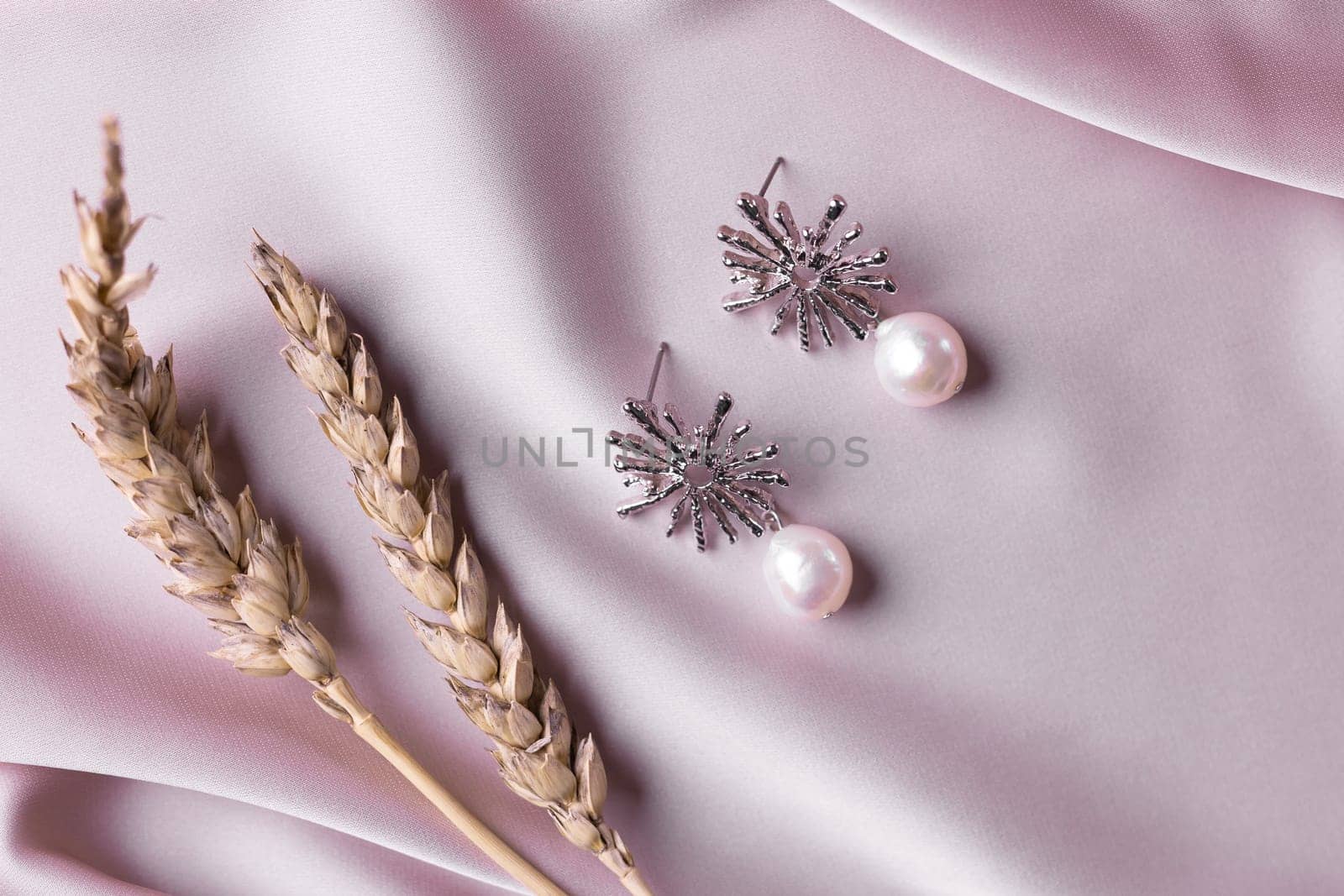 Female Jewelry. Vintage bijouterie jewelry handmade. Flat lay, top view copy space and empty space for text.