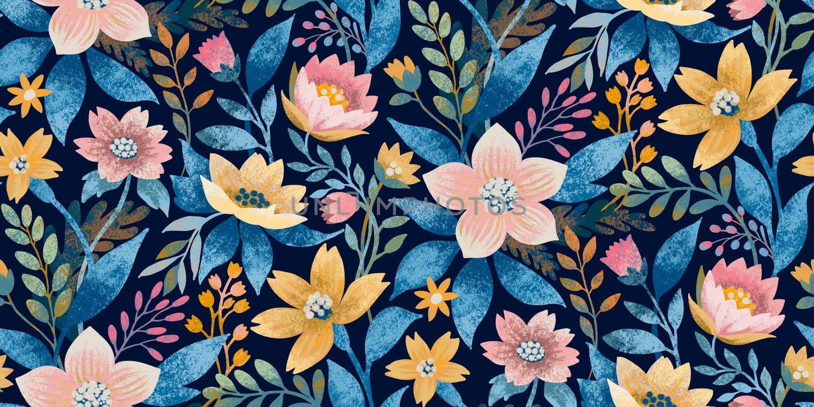A seamless floral pattern with vibrant yellow, pink, and blue flowers with hand-painted texture on a dark navy background. Suitable for textiles, wallpapers, gift wrapping, stationery, fashion prints.