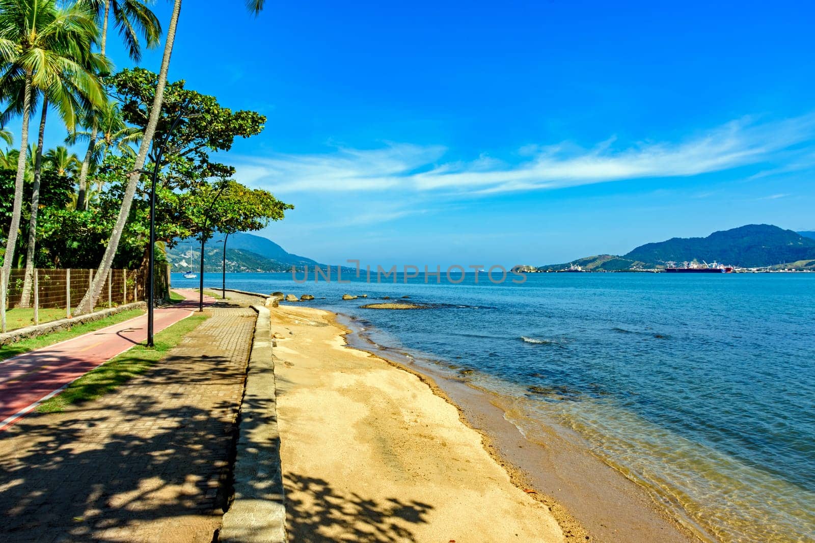 The coastline of the city of Ilhabela and the port of Sao Sebastiao on the northern coast of Sao Paulo