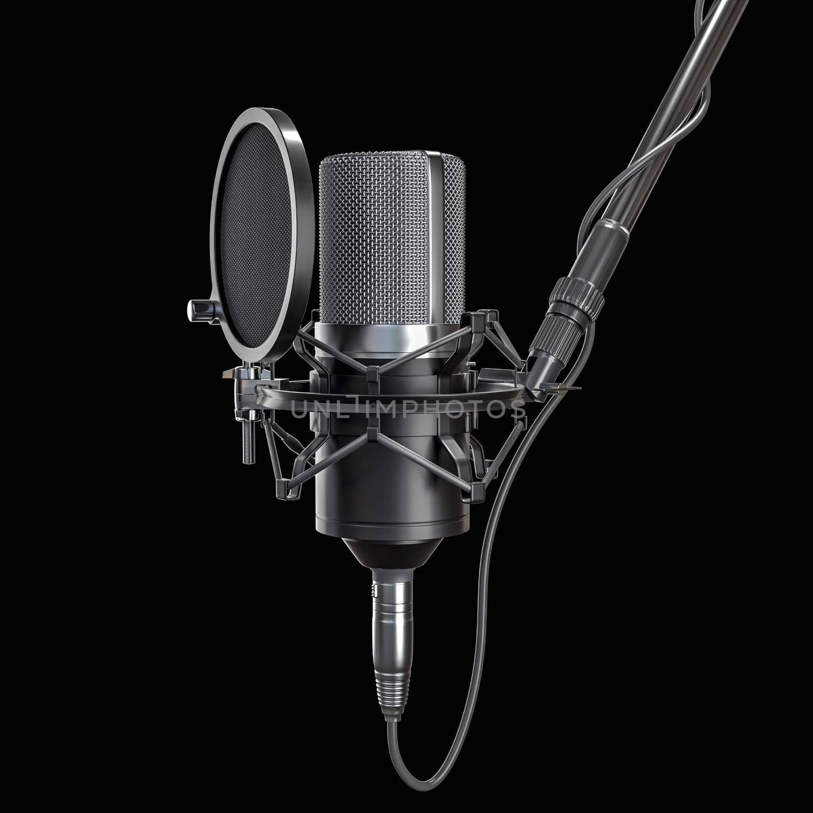 Professional condenser microphone with pop filter black background 3d