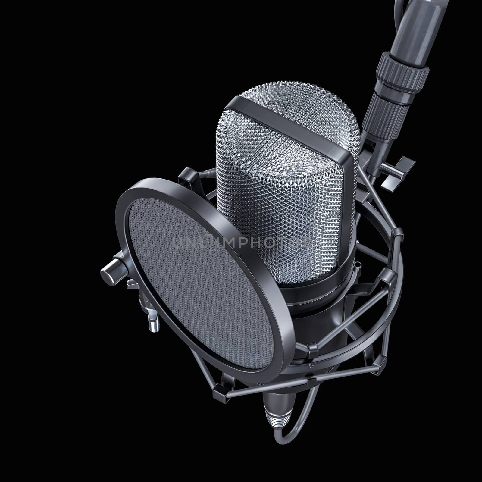 microphone with pop filter on black background 3d