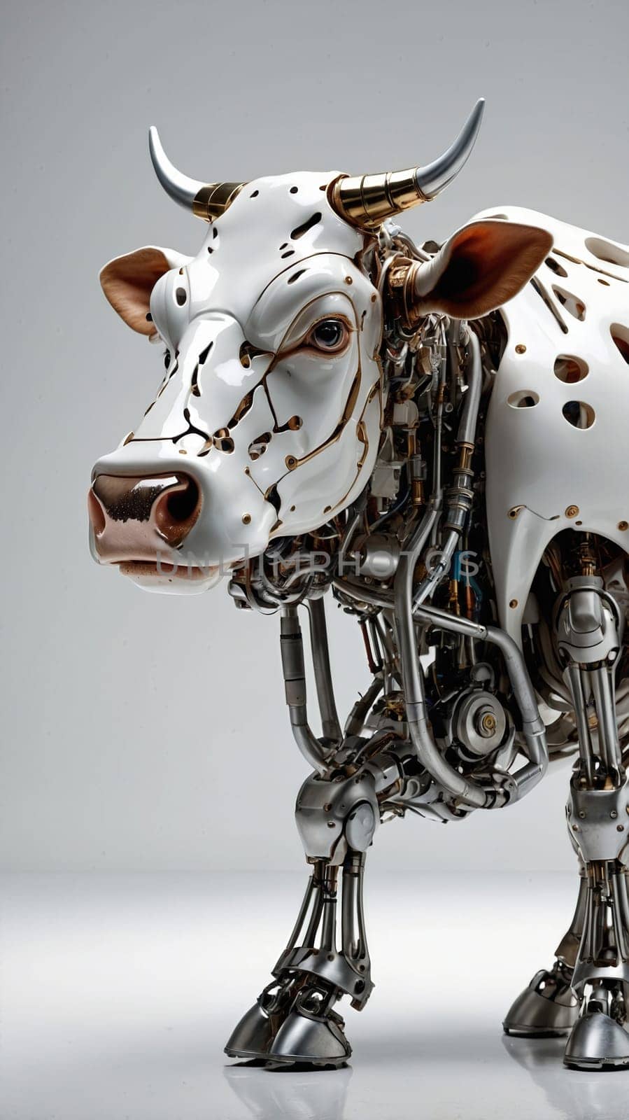 This image features a robotic cow sculpture with a white and brown coat, made of metal. The realistic sculpture stands on a white background and looks directly at the camera.