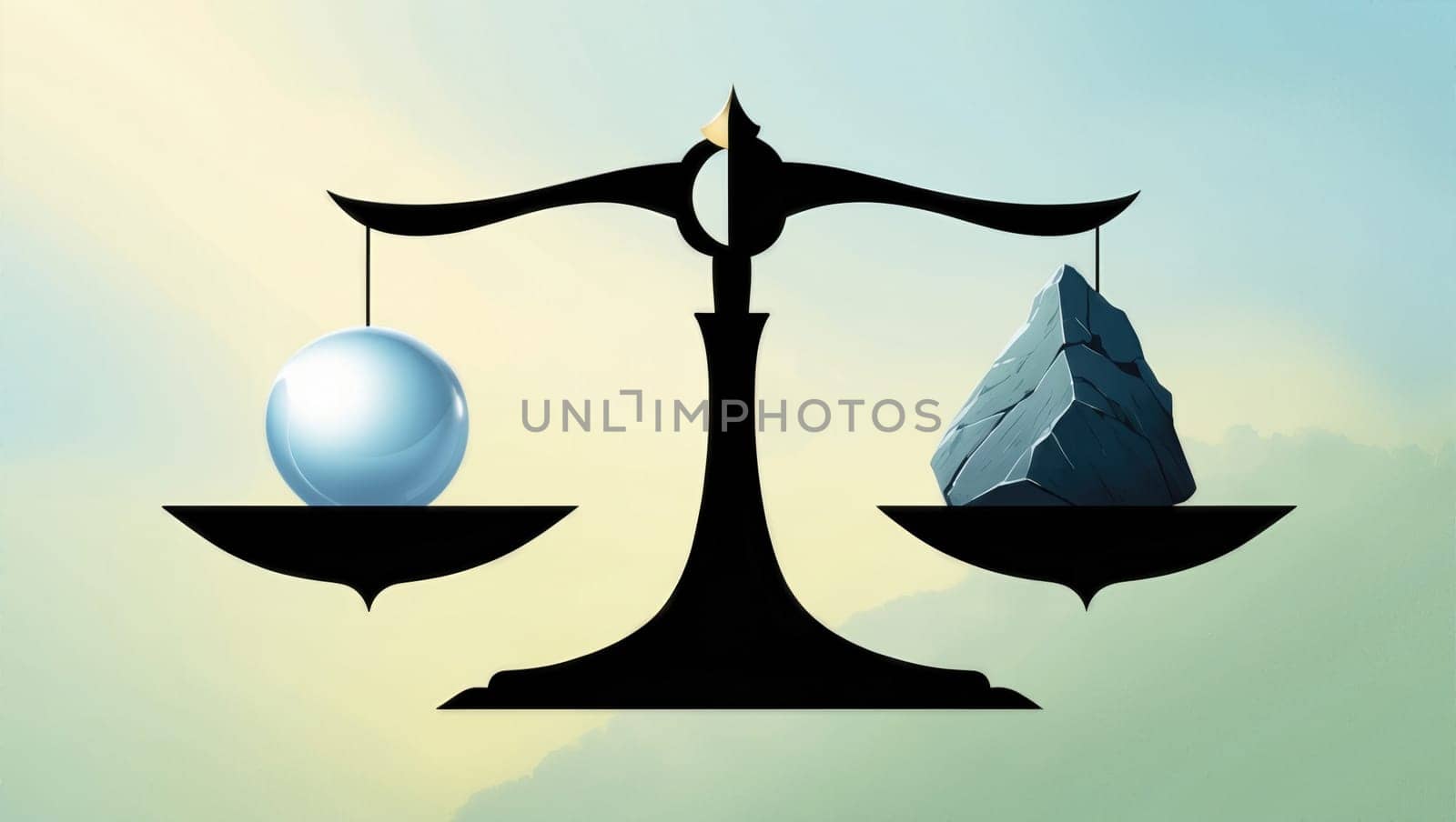 A large stone balances with a small pearl on a scale. The stone is on the left and the pearl on the right, with a flat surface and a gradient blue background, showcasing contrast.