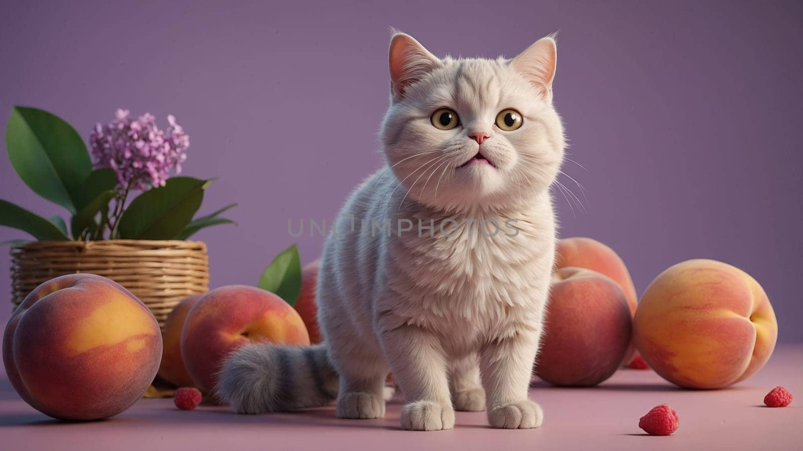 The adorable cat features wide blue eyes and a fluffy gray coat, sitting gracefully among three ripe, juicy peaches. The vibrant purple background enhances the scene s charm and appeal.