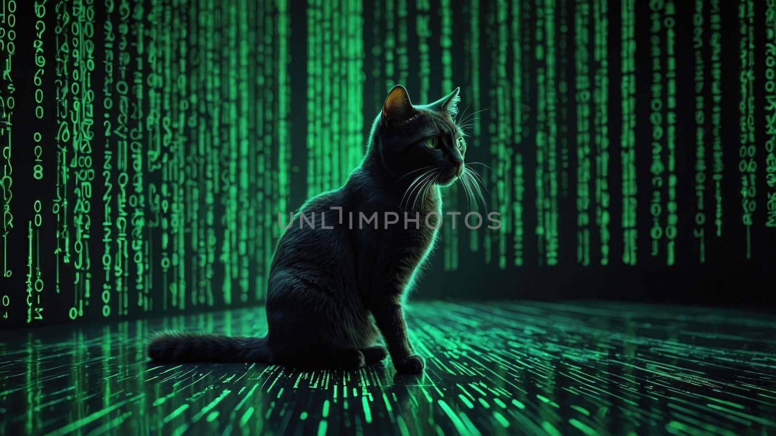 In a dark room, a sleek black cat sits gracefully amidst a cascade of bright green digital rain. Its piercing eyes gaze directly at the viewer, evoking a sense of curiosity and intrigue.