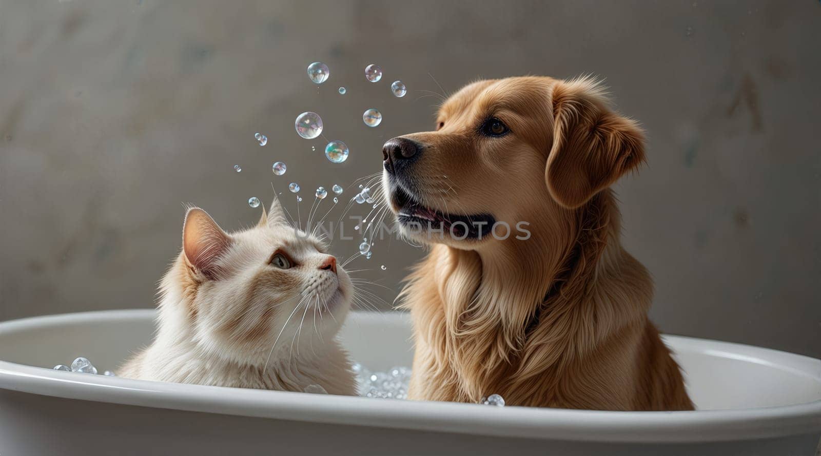The dog has a joyful expression, its tail wagging energetically. The cat appears curious, with wide eyes and perked ears, as they both explore a vibrant, light blue background.