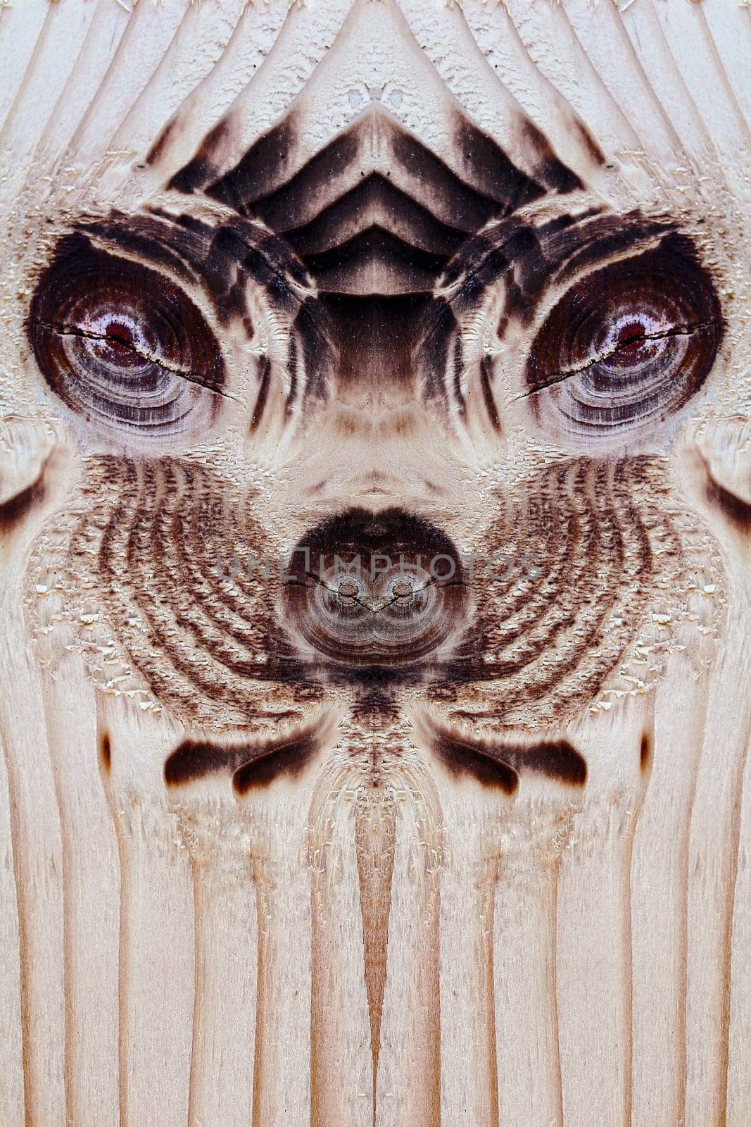 Art on wood. On a wooden board, the knotholes look like a face