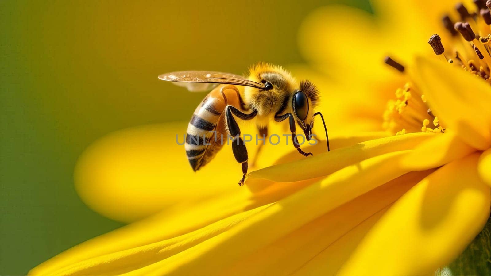 Close-up of a honeybee collecting nectar from a vibrant yellow flower. The detailed texture of the bee and the flower, showcasing a moment of pollination.