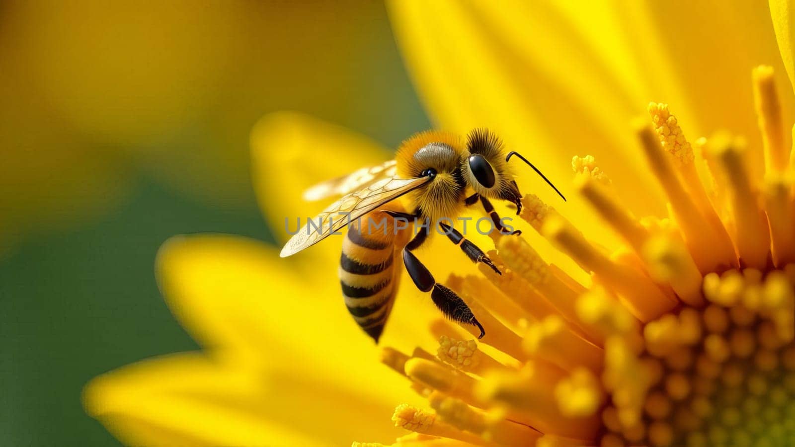 Close-up of a honeybee collecting nectar from a vibrant yellow flower. The detailed texture of the bee and the flower, showcasing a moment of pollination.