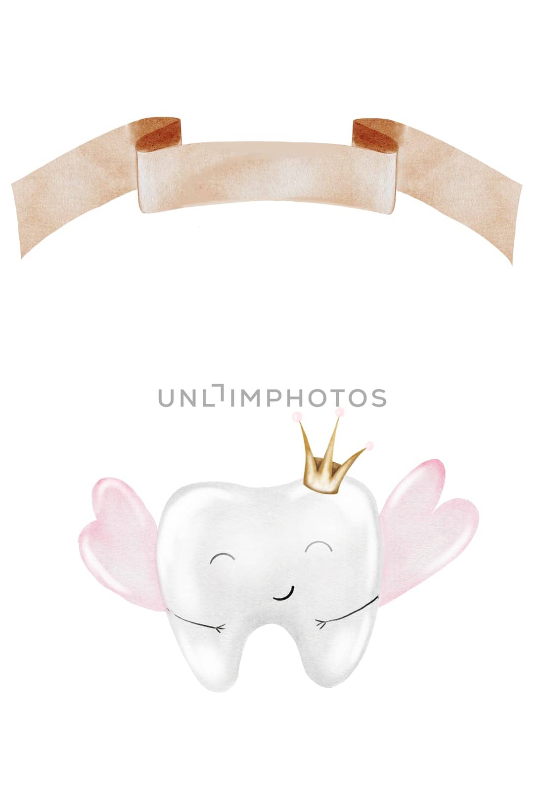 Baby tooth watercolor card. Cute cartoon molar with crown and a sign for the inscription on isolated white background. Dental clip art. Ideal for cards and invitations to the party baby's first tooth, posters in the doctor's office. High quality illustration
