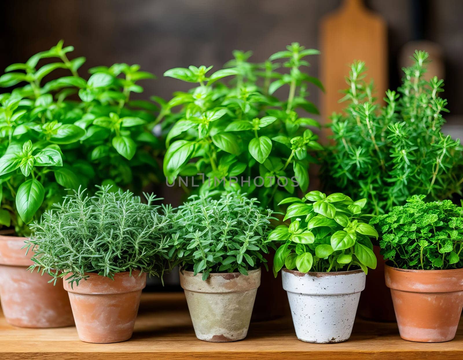 Collection of herb plants in terracotta pots arranged on a wooden shelf. Includes varieties of rosemary, mint, basil, and others.