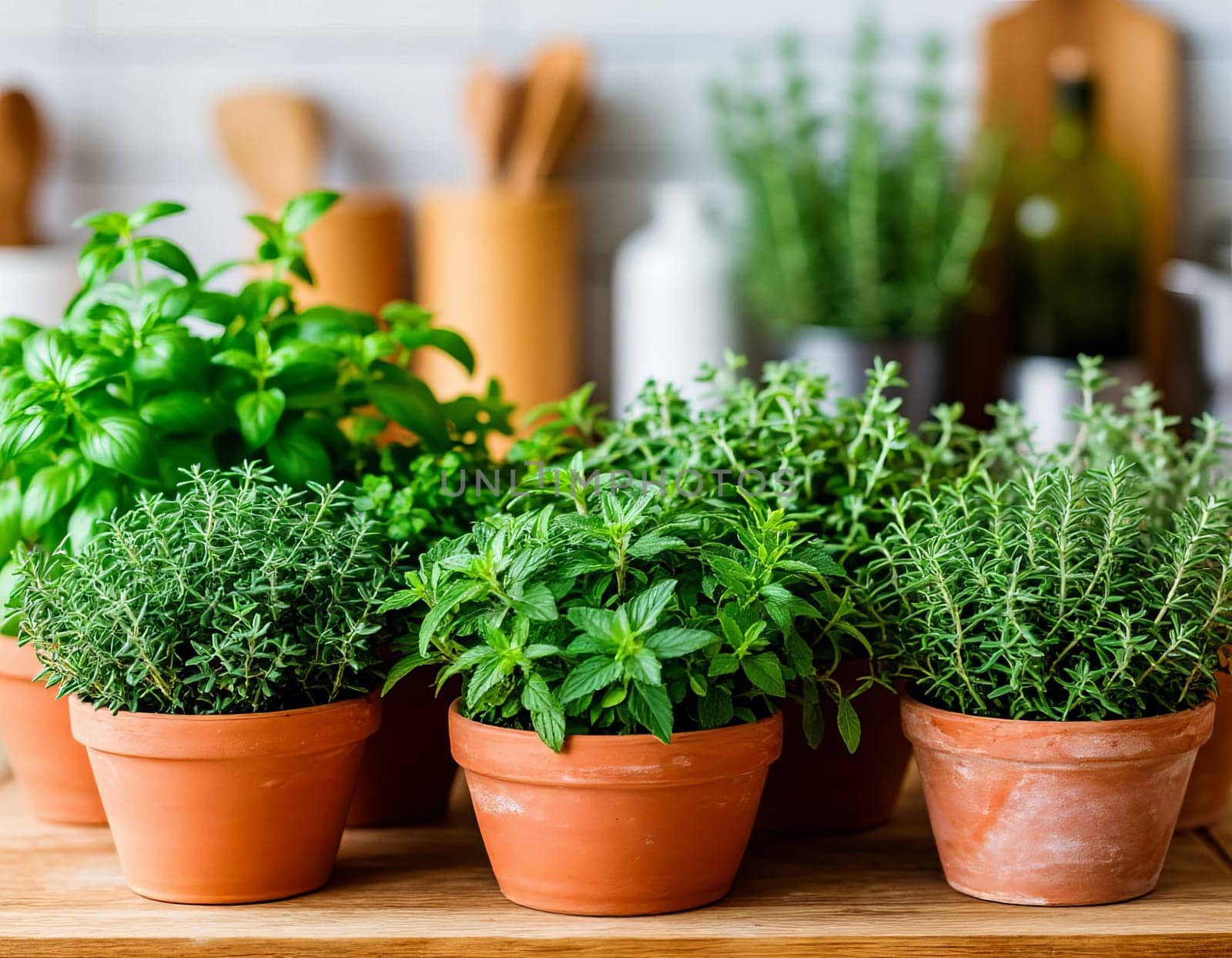 Collection of herb plants in terracotta pots arranged on a wooden shelf. Includes varieties of rosemary, mint, basil, and others.