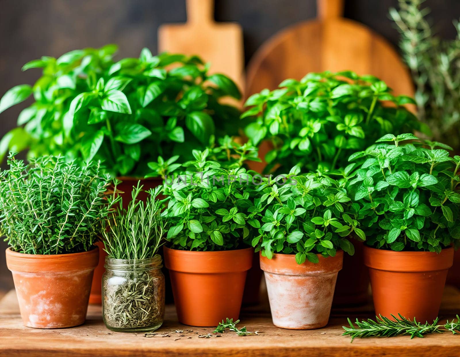 Collection of herb plants in terracotta pots arranged on a wooden shelf. Includes varieties of rosemary, mint, basil, and others.