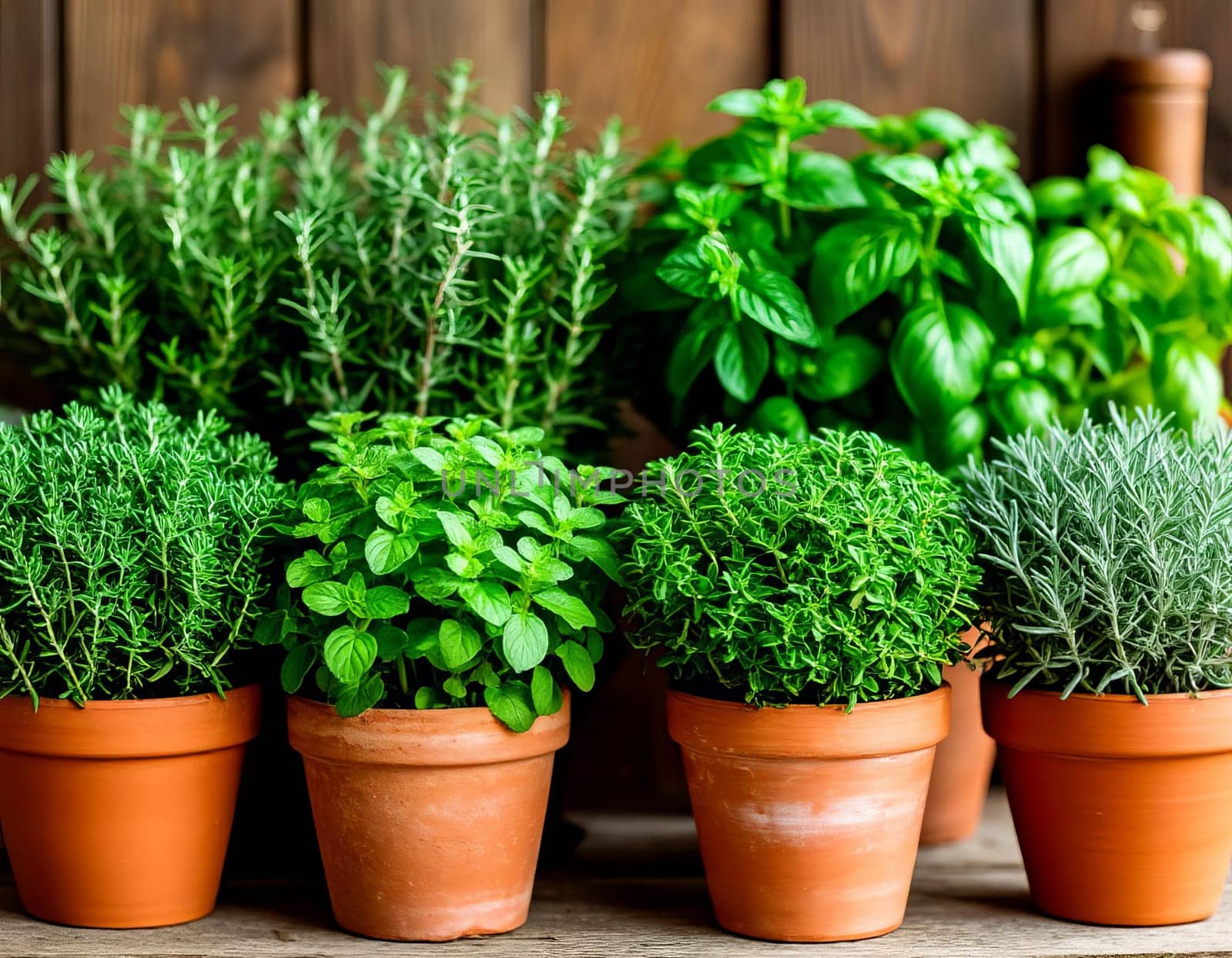 Collection of herb plants in terracotta pots arranged on a wooden shelf. Includes varieties of rosemary, mint, basil, and others.