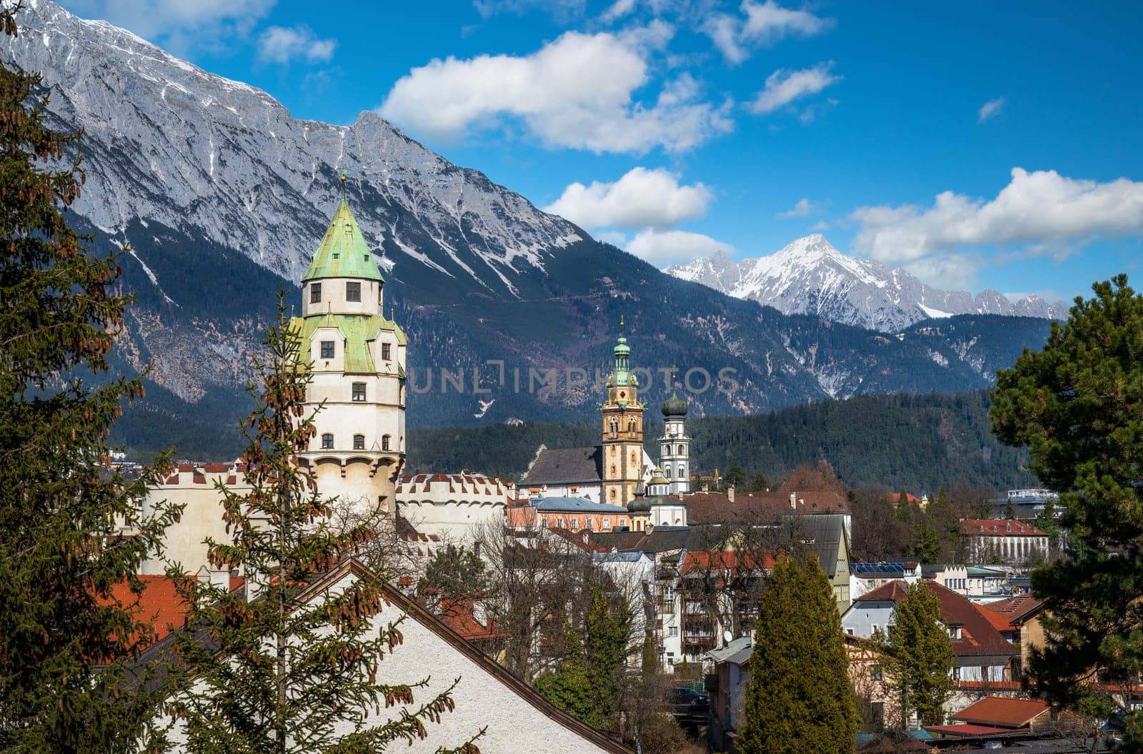 Cityscape of Hall in Tirol and the Karwendel mountain range (Austria)