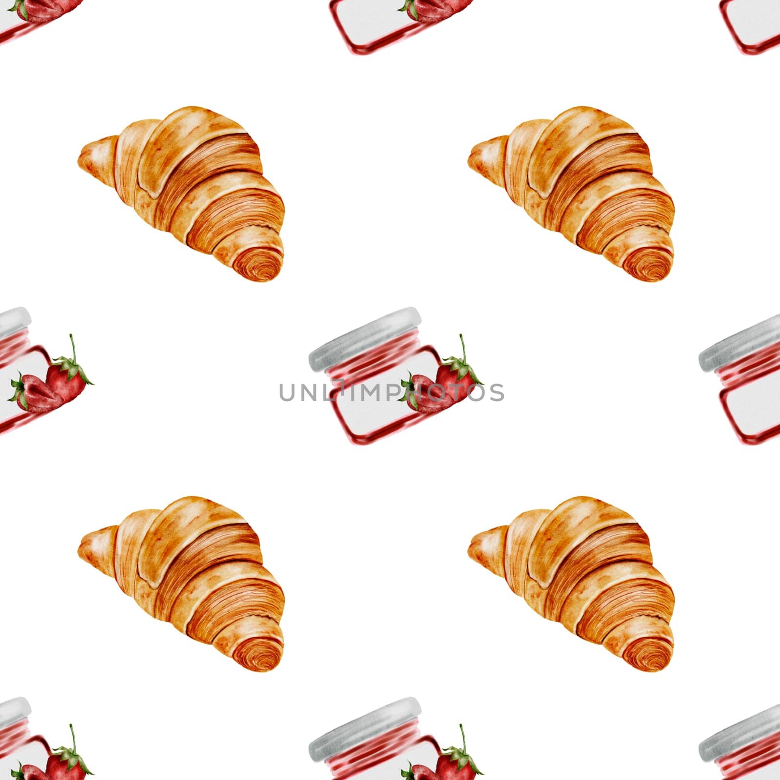 Croissant and jam watercolor frame. Hand drawn illustration fresh french bun. Food clip art. Ideal for bakery prints, postcards and pastry shop posters. High quality illustration