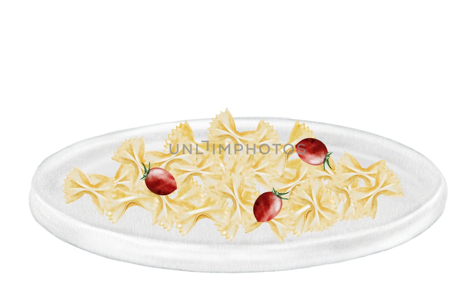 Farfalle pasta on a plate, watercolor painting.. Hand drawn italian macaroni with tomatoes and basil on white background. Food clip art. Ideal for pasta packaging, restaurant menus and posters. High quality illustration