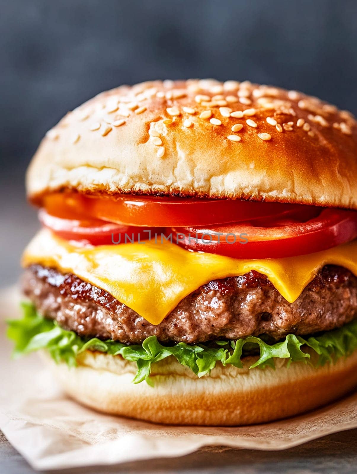 A delicious cheeseburger sits on parchment paper. The burger features a juicy beef patty, melted cheese, sliced tomatoes, and lettuce. It's a classic American comfort food.