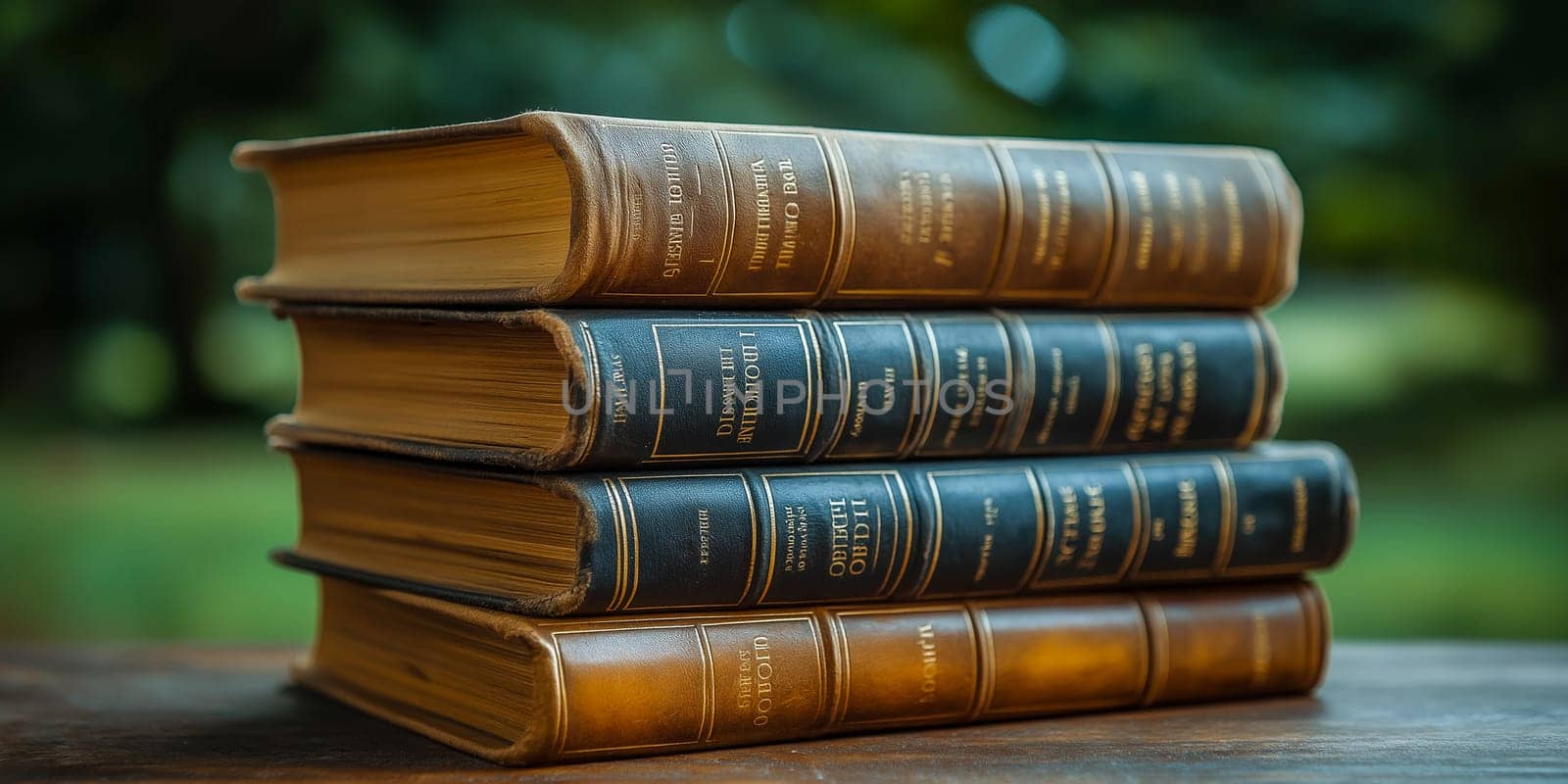 A stack of antique books, likely part of a collection, rests on a wooden surface. Titles like "Hand to Druda Shrine" and "Obdii" are visible, suggesting a variety of subjects. The aged leather bindings and gold lettering hint at their historical significance.