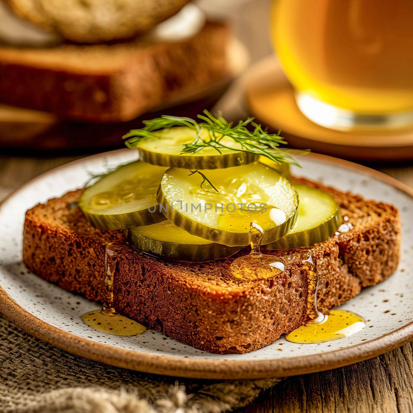 Sliced pickles are arranged on a piece of dark rustic bread, drizzled with honey. Contrasts of savory and sweet flavors.