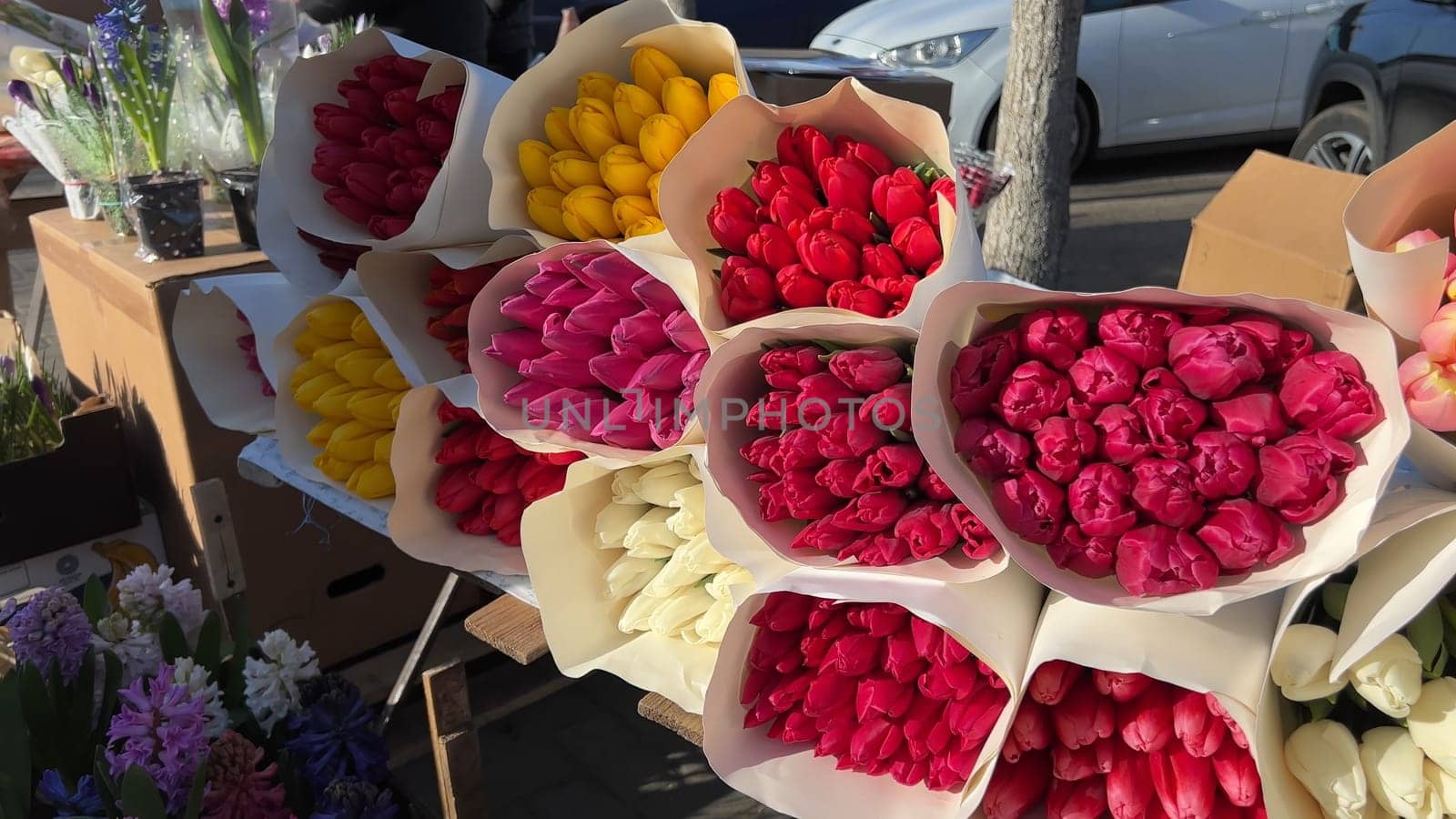 Selling bouquets of tulips on the city street