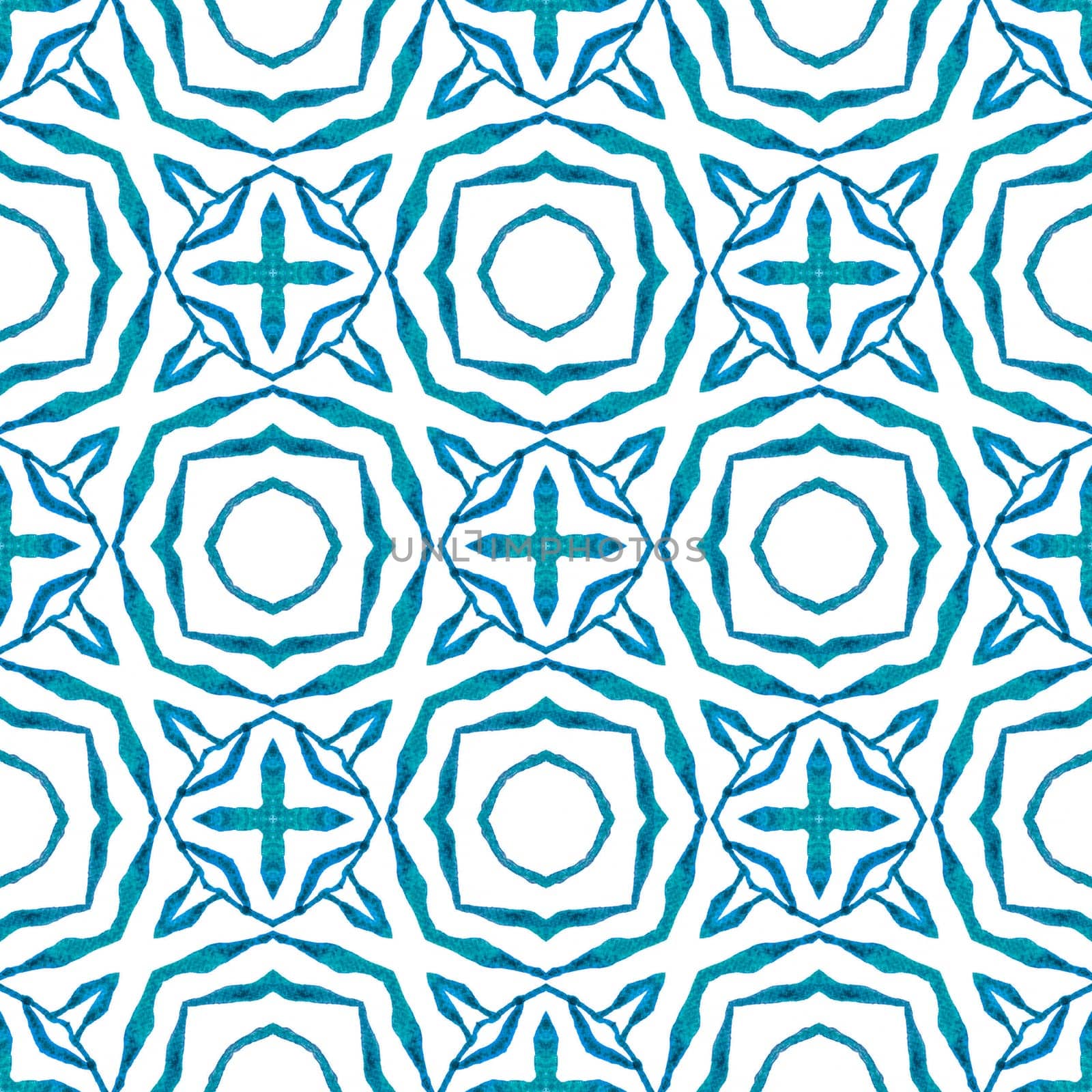 Medallion seamless pattern. Blue charming boho chic summer design. Textile ready curious print, swimwear fabric, wallpaper, wrapping. Watercolor medallion seamless border.